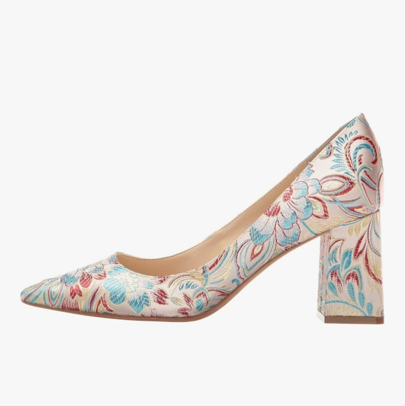 Marc Fisher Zala Pointed Toe Pumps Block Heel Floral Brocade Leather Used 6 - Picture 3 of 15